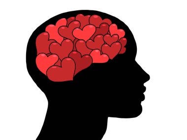 Kırmızı kalp sevgililer günü romantizmi sever. Kafanın siluetinde düşünceler, rüyalar..