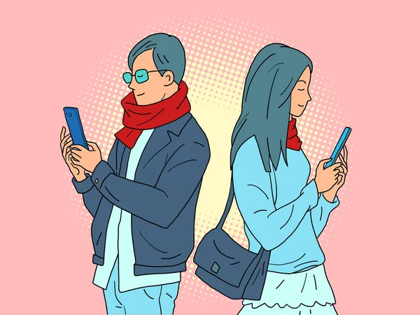 Um casal de um homem e uma mulher com telefones, dependência de redes sociais on-line —  Vetores de Stock