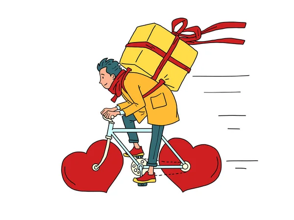 Courier food delivery on a wheeled bicycle, Valentines Day. Red heart instead of wheels — Stock Vector