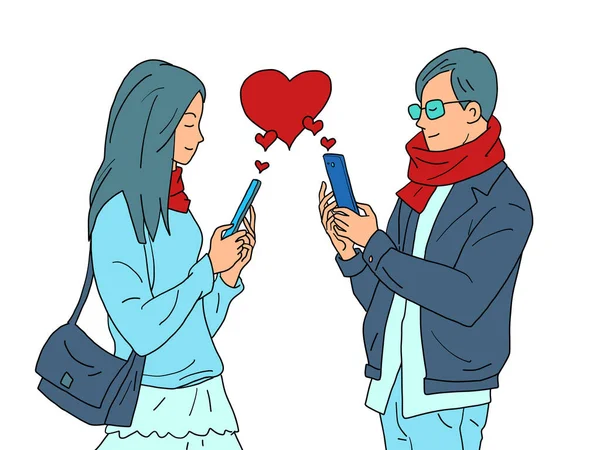 사랑하는 발렌타인 하트는 전화로 온라인 네트워크에 의존하는 여성을 만들었습니다 빈티지 — 스톡 벡터