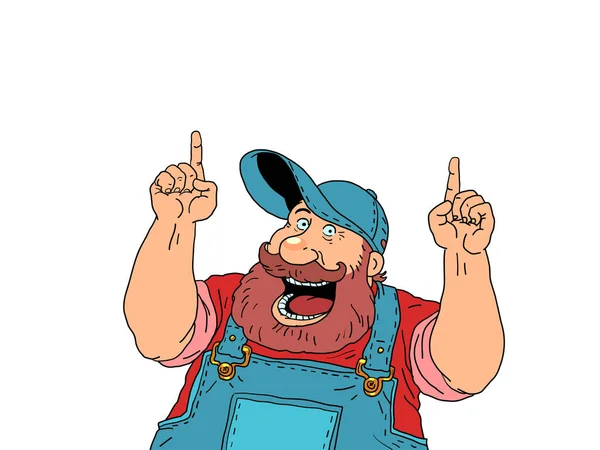 Joyful Bearded Worker Points His Finger Advertising Announcement Background Comic — Stock Vector