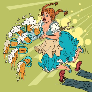 Kız sarhoş bir müşteriye takılıp düştü, birayı düşürdü. Ulusal giysili, biralı bir garson. Oktoberfest festivali, restoran barı tavernası. Çizgi roman el çizimi retro vektör biçimi