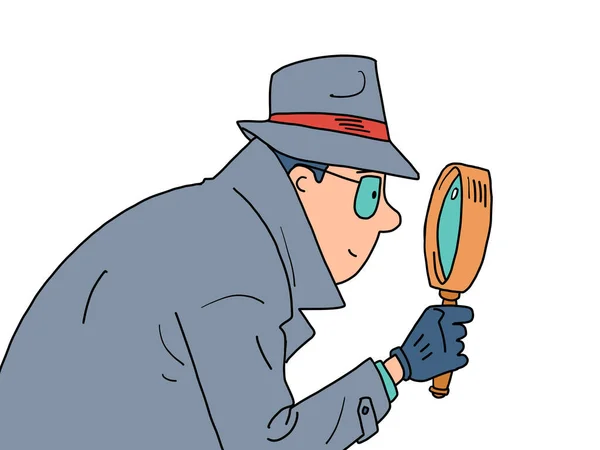 刑事と拡大鏡 私立探偵 コート 眼鏡の男 漫画ハンドドローイングレトロイラスト — ストックベクタ