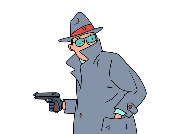 Detective Con Arma Sus Manos Detective Privado Hombre Con Abrigo — Vector de stock