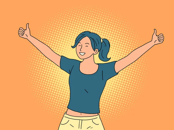 Genç bayan jestleri sever, pozitif insanları. Neşeli kız. Çizgi roman Kitsch Vintage Hand Çizim Çizimi