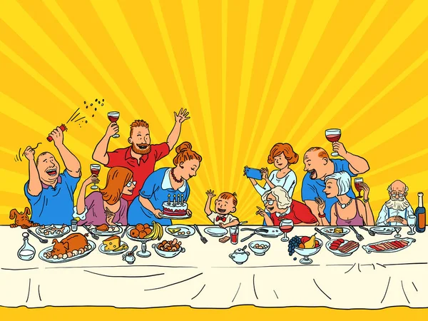 Boy Birthday Family Holiday Son Grandson Relatives Festive Table Food — Stock Vector