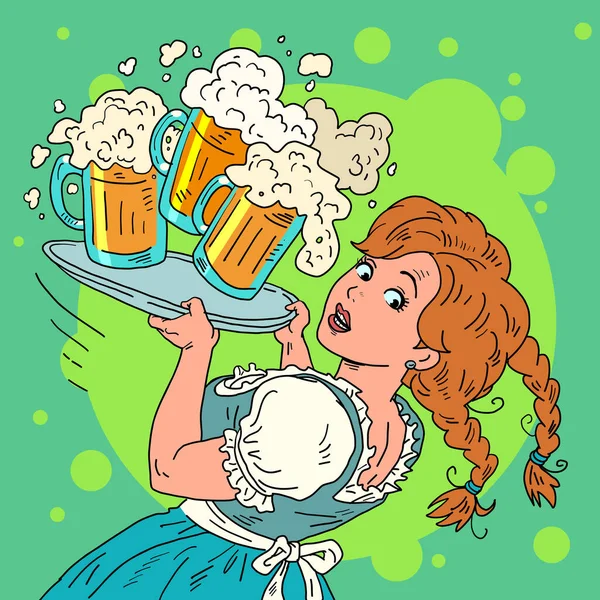 Het Meisje Laat Het Bier Vallen Een Serveerster Met Een — Stockvector
