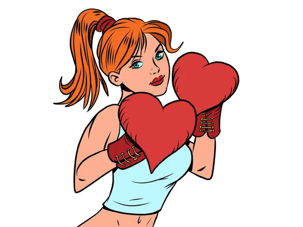Красива Жінка Боксерські Валентинки Денні Серцеві Рукавички Сильні Емоції Почуття — стоковий вектор