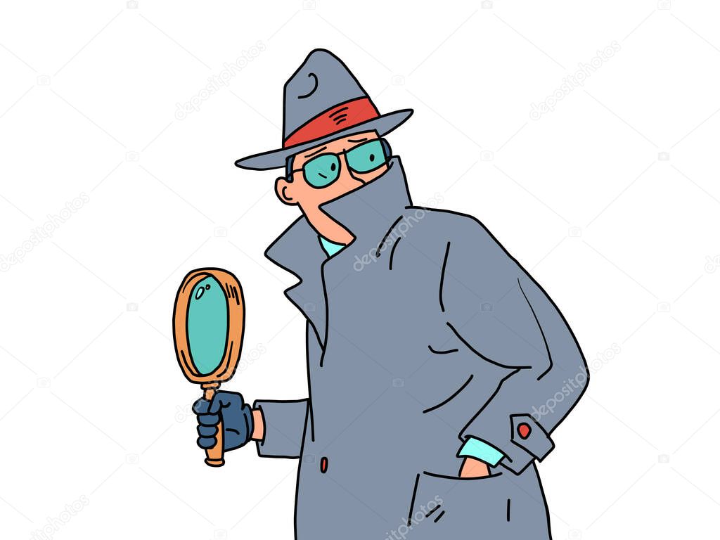 Detective and Magnifying Glass. a private detective, a man in a coat, hat and glasses. Comic cartoon hand drawing retro illustration