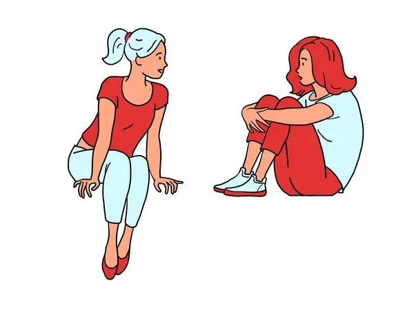 二人の女性の友人が話している 若い十代の女の子 ライフスタイル 漫画ハンドドローイングヴィンテージイラスト — ストックベクタ