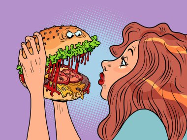 Canavar burger karakteri restoranda bir kadını ısırır, fast food şakası. Çizgi film stili çizim çizimi