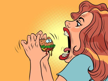 Lokantada tatlı hamburger karakterini ısırıyor, fast food esprileri yapıyor. Çizgi film stili çizim çizimi