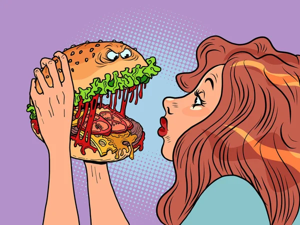Monster Burger Karaktär Biter Kvinna Restaurang Fast Food Humor Tecknad — Stock vektor