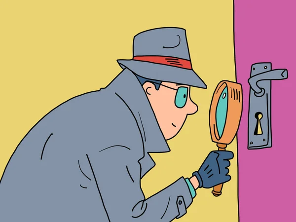 ドアの鍵穴からガラスの覗き見を拡大 私立探偵 コート 眼鏡の男 漫画ハンドドローイングレトロイラスト — ストックベクタ