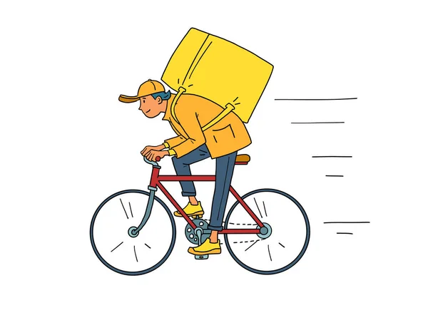 Male Food Courier Bicycle Online Delivery Profession Comic Cartoon Retro — Stockvektor