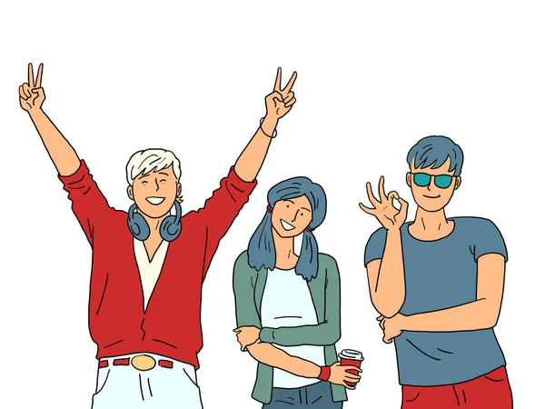 Group Fashionable Joyful Youth Gesture Greeting Comic Cartoon Kitsch Vintage —  Vetores de Stock