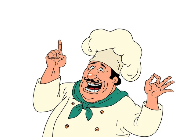 一位快乐的意大利男性厨师表示一种姿势 广告和演示 餐厅员工 漫画现代风格手感轮廓图 — 图库矢量图片