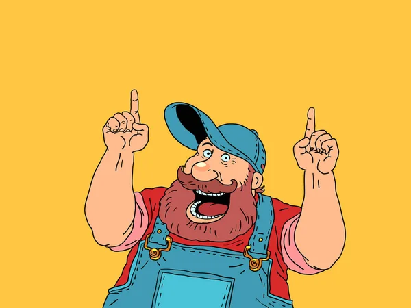 Joyful Bearded Worker Points His Finger Advertising Announcement Background Comic — Stock Vector