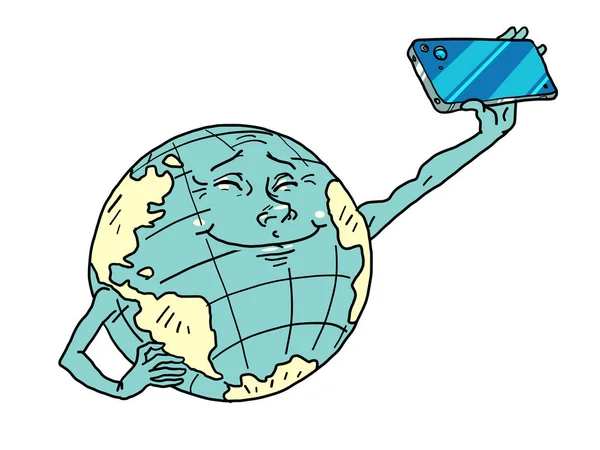 Planeta Tierra Personaje Con Teléfono Conexión Global Internet Caricatura Historieta — Vector de stock