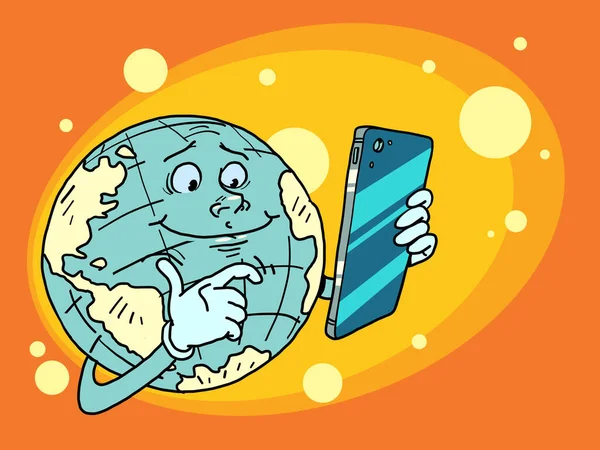 Planeta Tierra Personaje Con Teléfono Conexión Global Internet Caricatura Historieta — Vector de stock