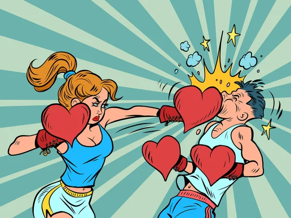 Жінка Чоловіка Жіночі Боксерські Валентинки Денні Серцеві Рукавички Сильні Емоції — стоковий вектор