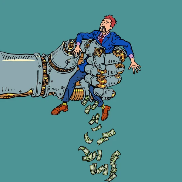 ロボットの手の中に男は 破壊と崩壊 人工知能は仕事を取る 漫画ハンドイラストレトロベクトルスタイル — ストックベクタ