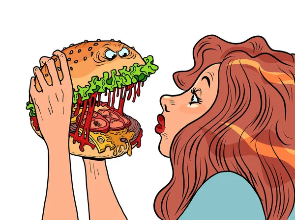 Mostro Personaggio Hamburger Morde Una Donna Ristorante Umorismo Fast Food — Vettoriale Stock