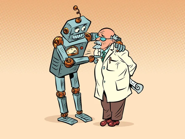 Robot Rozmawia Profesorem Sztuczną Inteligencją Ludzkim Umysłem Dwóch Przyjaciół Ilustracja — Wektor stockowy