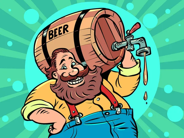 Man Wooden Barrel Beer Alcoholic Drink Bavarian German Tradition Comic — Vetor de Stock