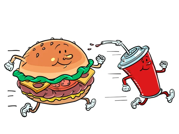Fast Food Postacie Burger Cola Drink Run Sport Styl Życia — Wektor stockowy