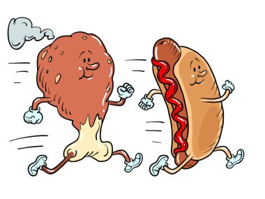 Tavuk budu ya da hindi budu ya da jambon sosisliyle birlikte gider. Spor yaşam tarzı çizgi film kalitesiz klasik el çizimi illüstrasyonu