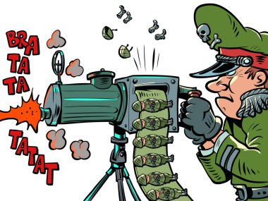 - Savaş. General militarist askerleri makineli tüfekten çıkan kurşunlar gibi vuruyor. çizgi film kalitesiz klasik el çizimi illüstrasyonu