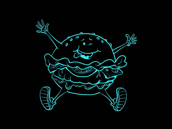 楽しい陽気なハンバーガー ファーストフードの文字 ストリートレストラン 漫画キッチュヴィンテージスタイルの手描きイラスト — ストックベクタ