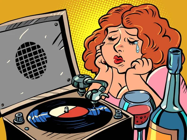 Üzgün Kızıl Saçlı Kadın Gramofondan Müzik Dinler Şarap Içer Yalnız — Stok Vektör