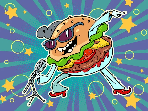 Fast Food Burger Sings Stage Artist Singer Music Food Comic — Stock Vector