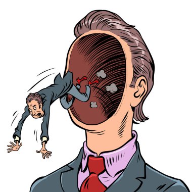 Düşme ve hata yapma korkusu zihin düşünceleri psikoloji, erkek bilincinin sırları. Çizgi film klasik el illüstrasyonu