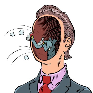 içsel benliği ara. Zihin düşünceleri psikoloji, erkek bilincinin sırları. Çizgi film klasik el illüstrasyonu