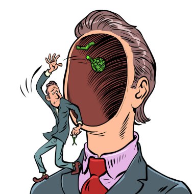 Beyin patlaması. Zihin düşünceleri psikoloji, erkek bilincinin sırları. Çizgi film klasik el illüstrasyonu