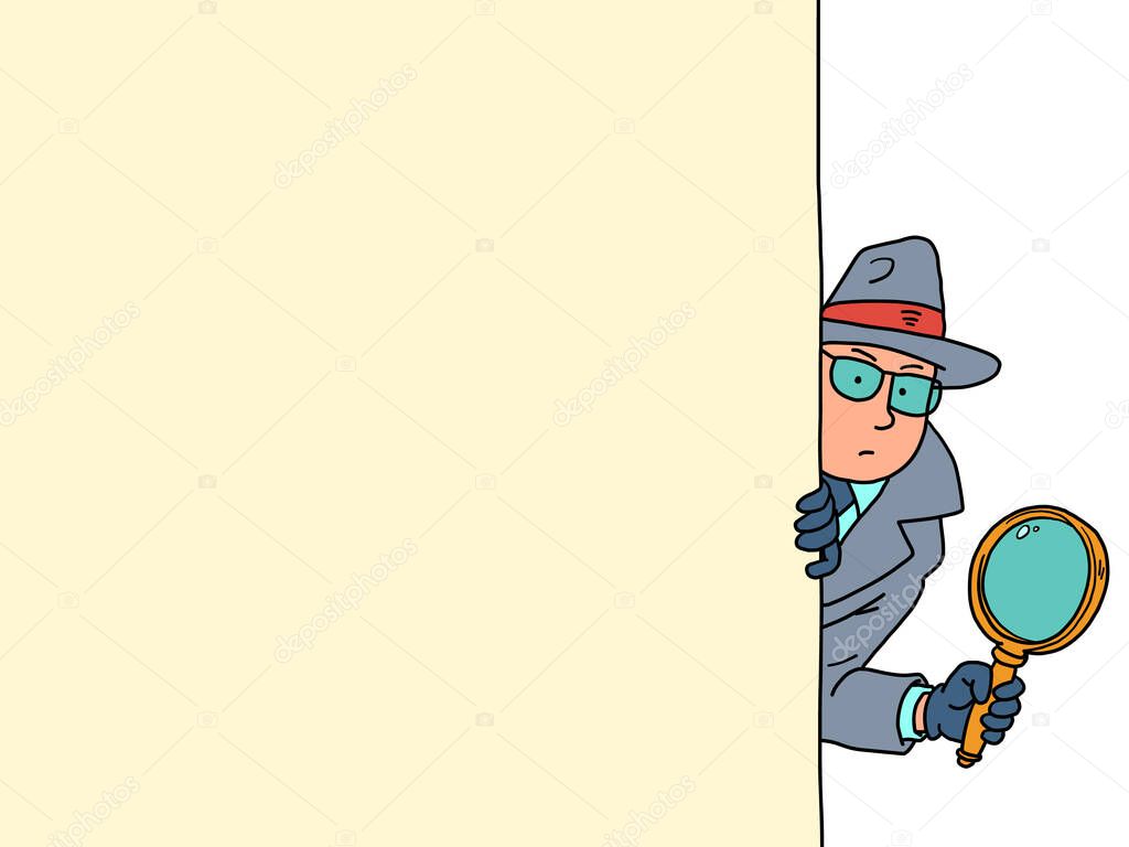 The detective looks out with a magnifying glass from behind the door, a man in a coat, hat and glasses. Comic cartoon hand drawing retro illustration