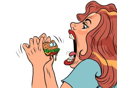 Lokantada tatlı hamburger karakterini ısırıyor, fast food esprileri yapıyor. Çizgi film stili çizim çizimi