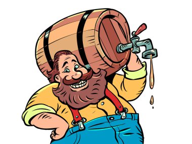 A man with a wooden barrel of beer. Alcoholic drink. Bavarian German tradition. comic cartoon kitsch vintage style hand drawing illustration