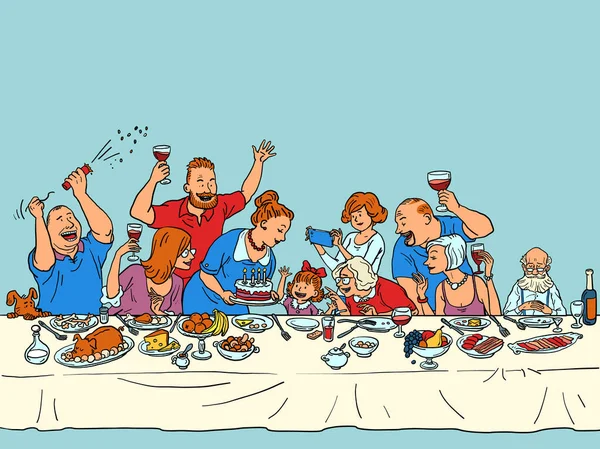 Niña Nieta Fiesta Cumpleaños Toda Familia Mesa Festiva Dibujos Animados — Archivo Imágenes Vectoriales