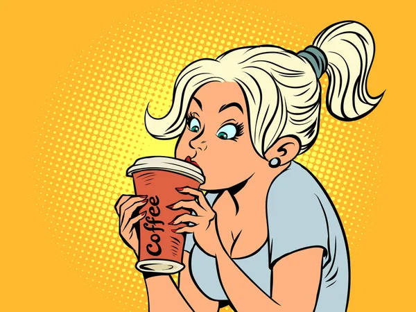 Mooi Meisje Drinken Hete Koffie Papieren Beker Ochtend Cafetaria Stripverhaal — Stockvector
