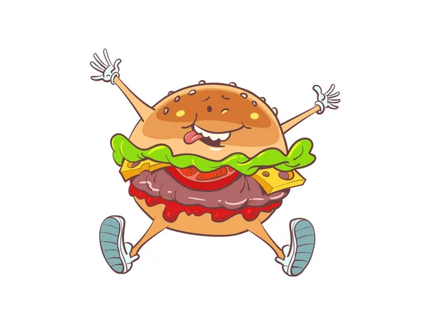 Hamburguesa Alegre Alegre Carácter Comida Rápida Restaurante Calle Historieta Kitsch — Vector de stock