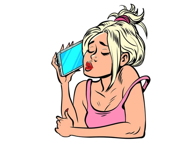 一个年轻的女人在电话里说话 智能手机在手 现代小玩意 移动通信 互联网 漫画风格Kitsch古董手绘插图 — 图库矢量图片