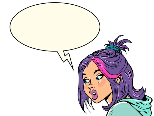 Молодая Женщина Разговаривает Коммуникативный Диалог Комический Пузырь Стиль Поп Арта — стоковый вектор