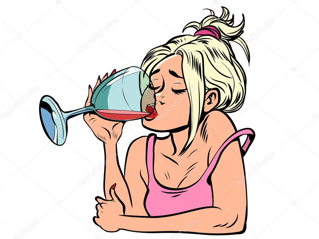 Beautiful woman drinking red wine from a glass. Lonely evening. Boredom. Comic cartoon style kitsch vintage hand drawn illustration