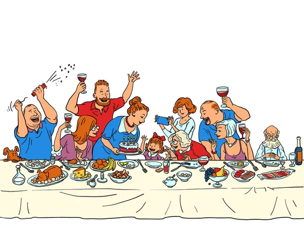 娘の孫娘誕生日パーティーお祝いの席で家族全員 コミック漫画ヴィンテージレトロな手イラスト — ストックベクタ