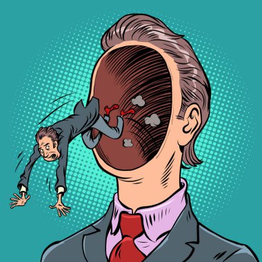 Düşme ve hata yapma korkusu zihin düşünceleri psikoloji, erkek bilincinin sırları. Çizgi film klasik el illüstrasyonu