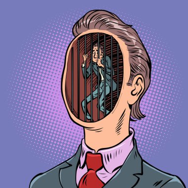 Arzuların hapishanesi zihin düşünceleri psikoloji, erkek bilincinin sırları. Çizgi film klasik el illüstrasyonu